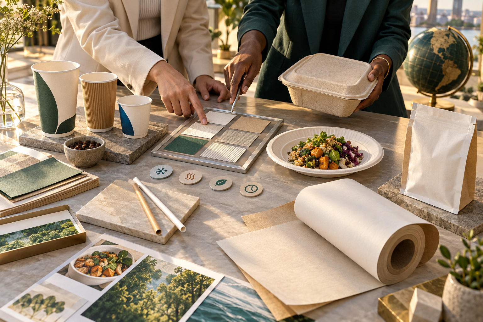 International packaging buyers comparing paper-based formats and material samples