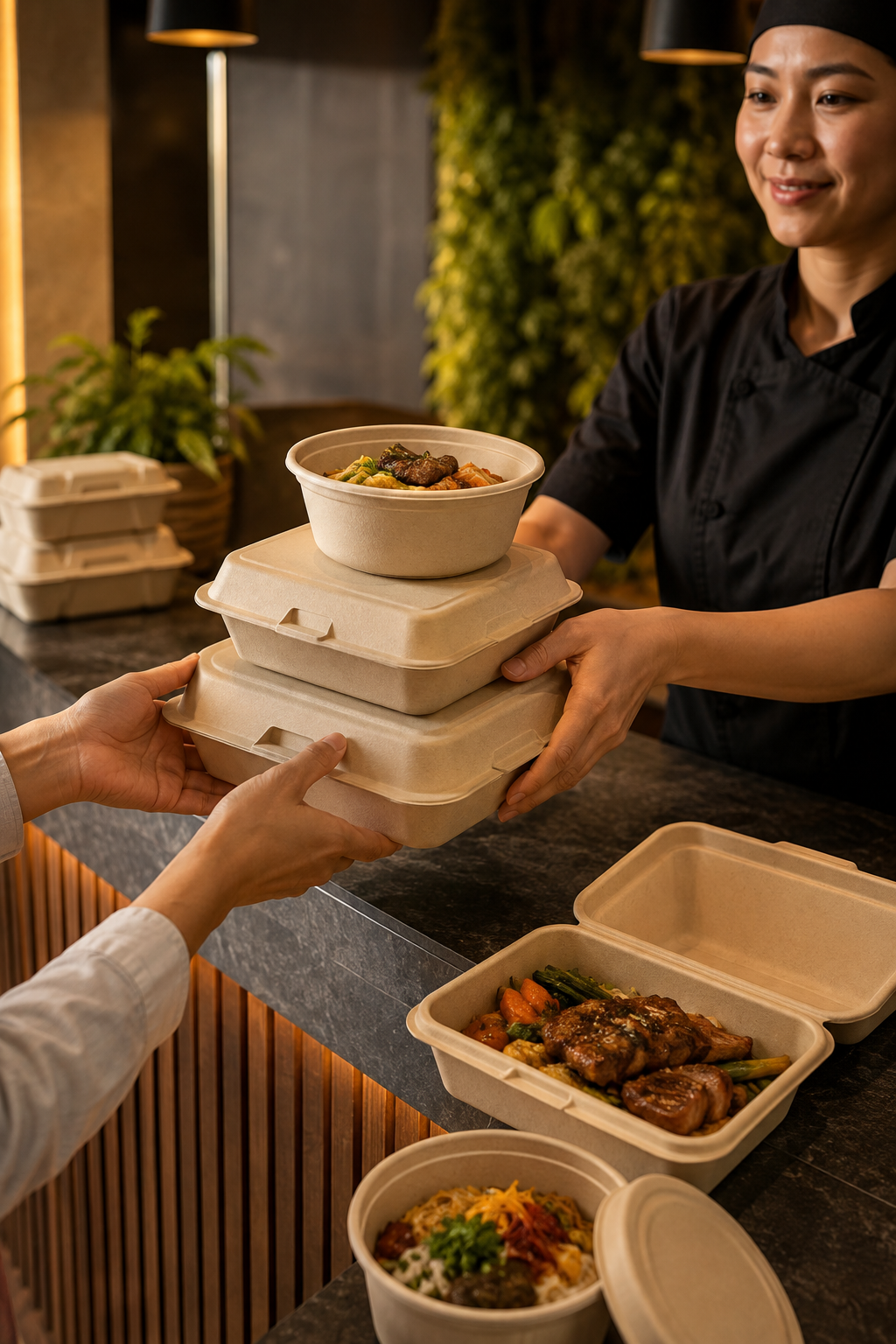 Molded-fiber meal boxes serving cooked rice in a foodservice scene