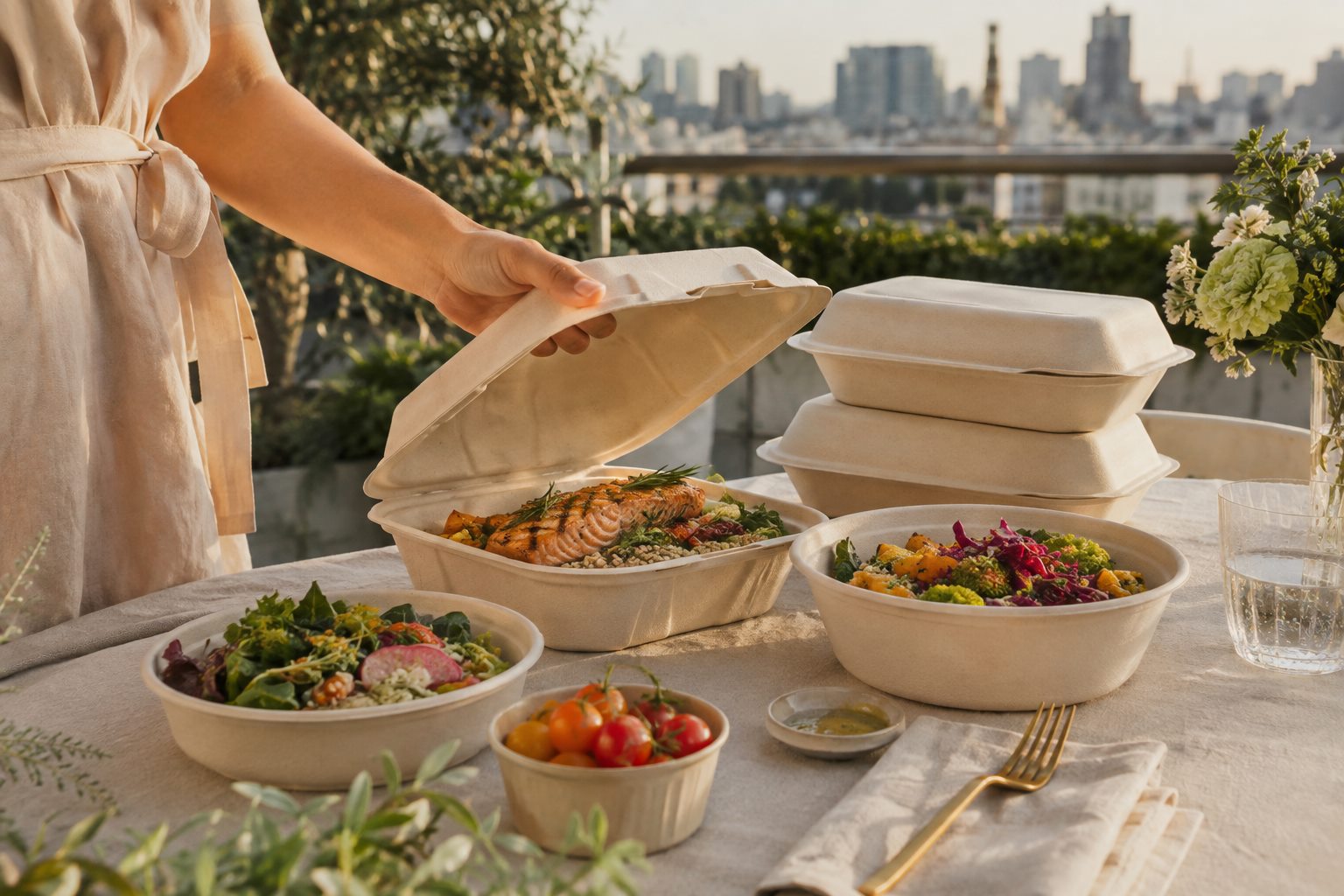 Molded-fiber hot-food packaging in a contemporary terrace dining scene