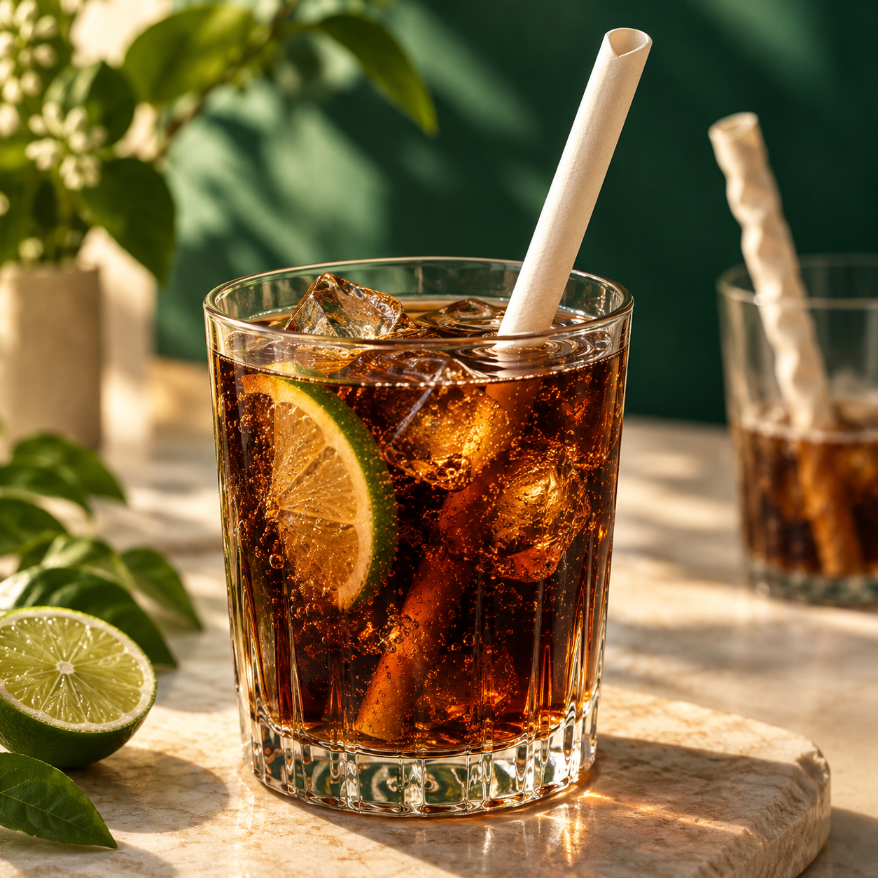 Concept illustration of a coated paper straw in a cola drink