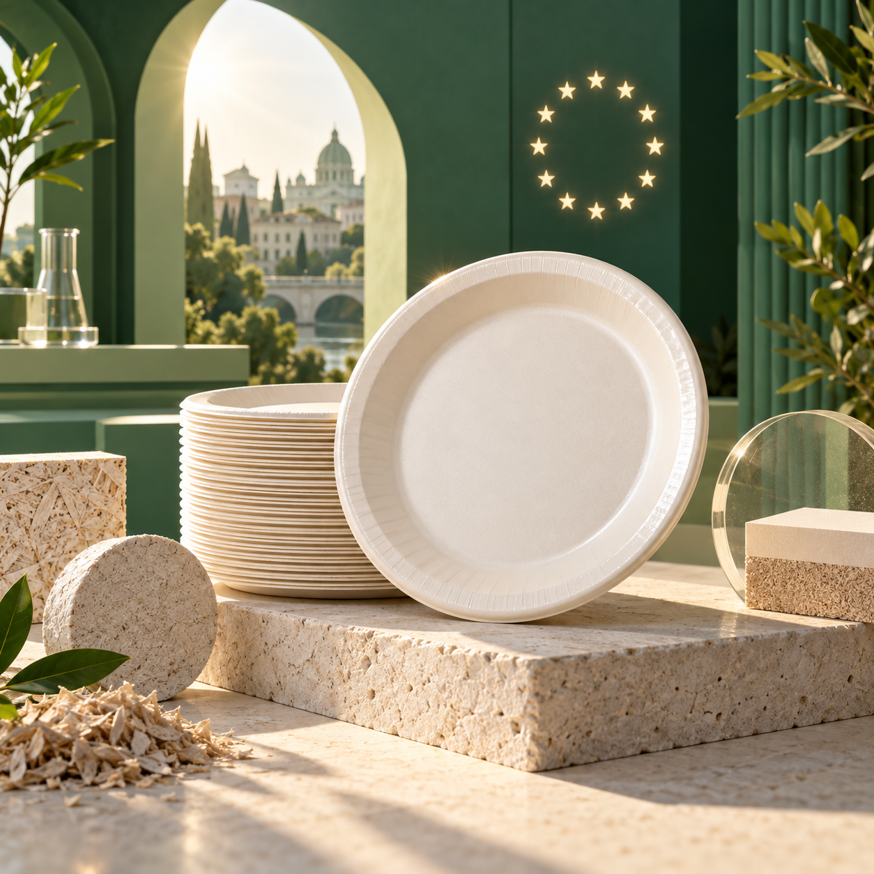 Concept illustration of paper plates for a European food-service project