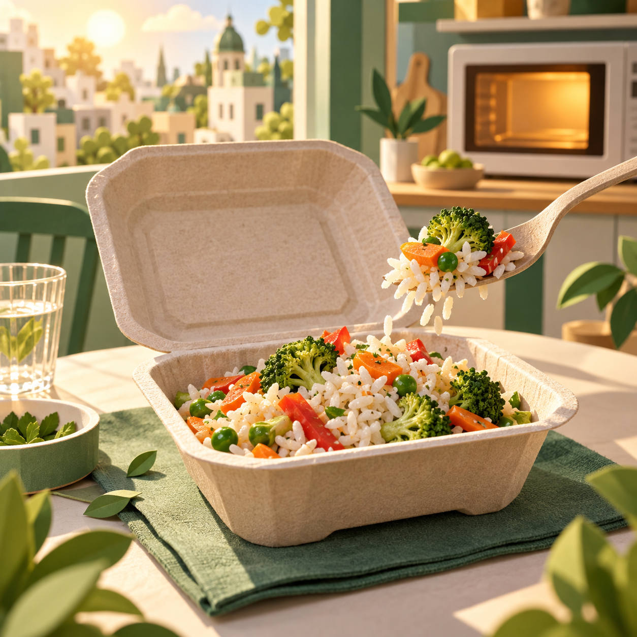 Concept illustration of molded-fiber hot-food packaging with rice