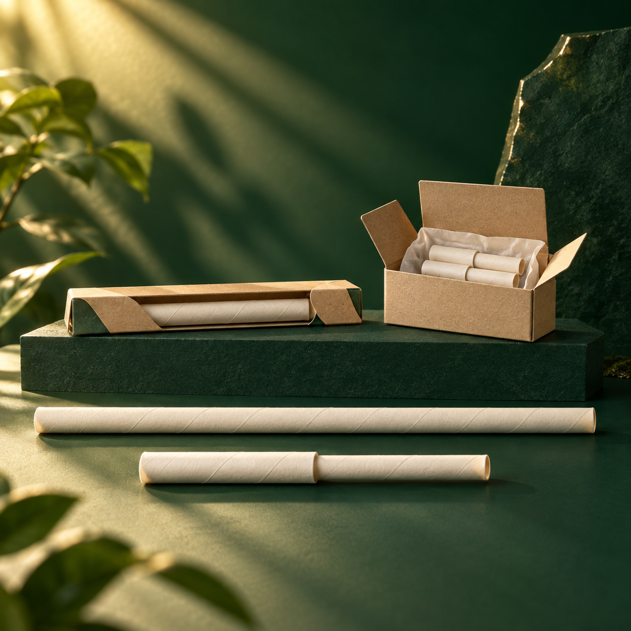 Concept illustration of compact telescopic and conventional paper straws for packaging comparison