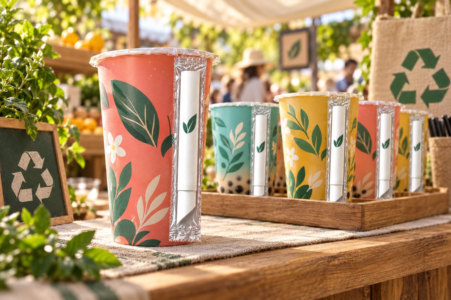 Outdoor beverage cups with individually wrapped telescopic paper straws attached