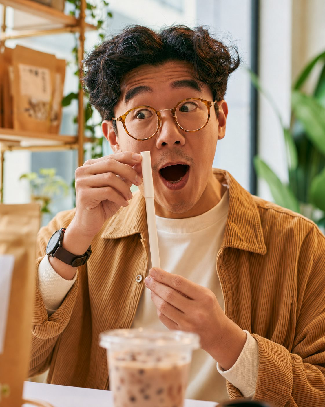 Consumer using a telescopic paper straw in a beverage application scene