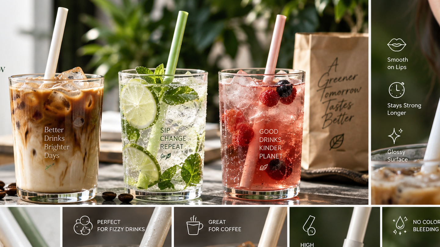 Water-based coated paper straws shown with coffee, sparkling drinks and colored beverages