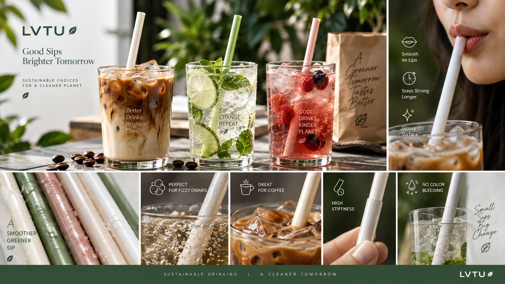 LVTU water-based coated paper straws used with iced coffee and sparkling drinks